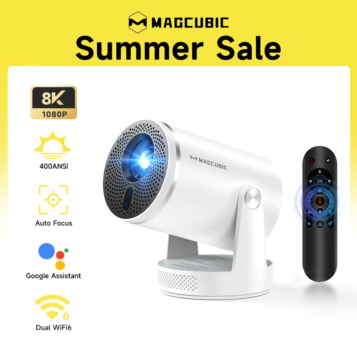 Magcubic HY320Pro Projector Auto Focus Native 1080P Google Assistant 8K Decode 400ANSI Android 14.0 Dual WiFi 6 Bluetooth 5.4 Auto Keystone Wireless 180° Flexible Rotating Portable Smart Home Cinema Movie Night Gift Projectors For Bedroom