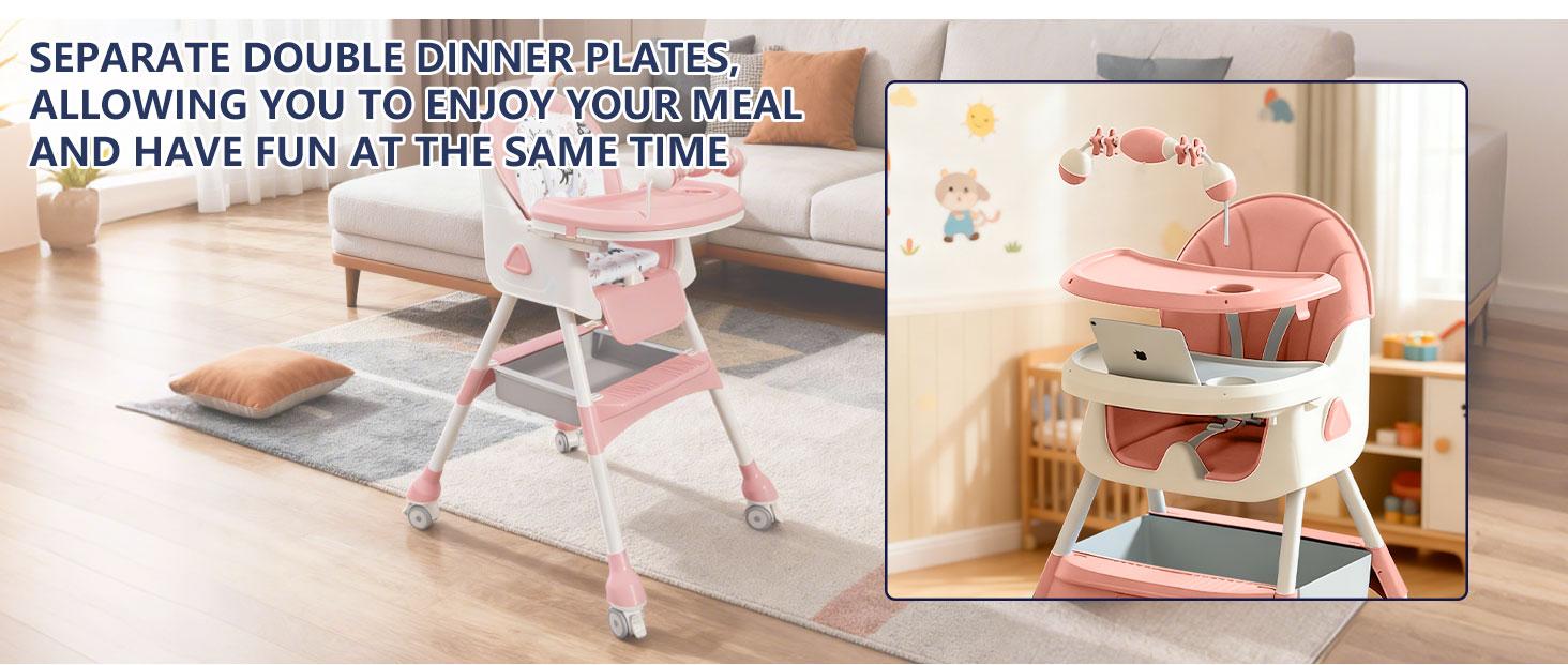 3-In-1 High Chair for Baby Portable Convertible Set with Snap Button Comfortable Collapsible Anti-Lop Design Double-Layer Tray & Toy Rack Perfect Christmas Gift double removable tray travel foldable high chair space-saving design