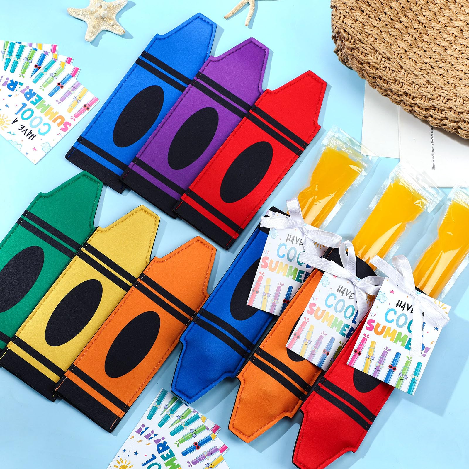 24/30 Pack End of School Year Gifts Reusable Ice Pop Sleeves with Gift Cards & Ribbon, Multicolor Washable Neoprene Popsicle Holders for Students, Classroom Prizes, Summer Favors