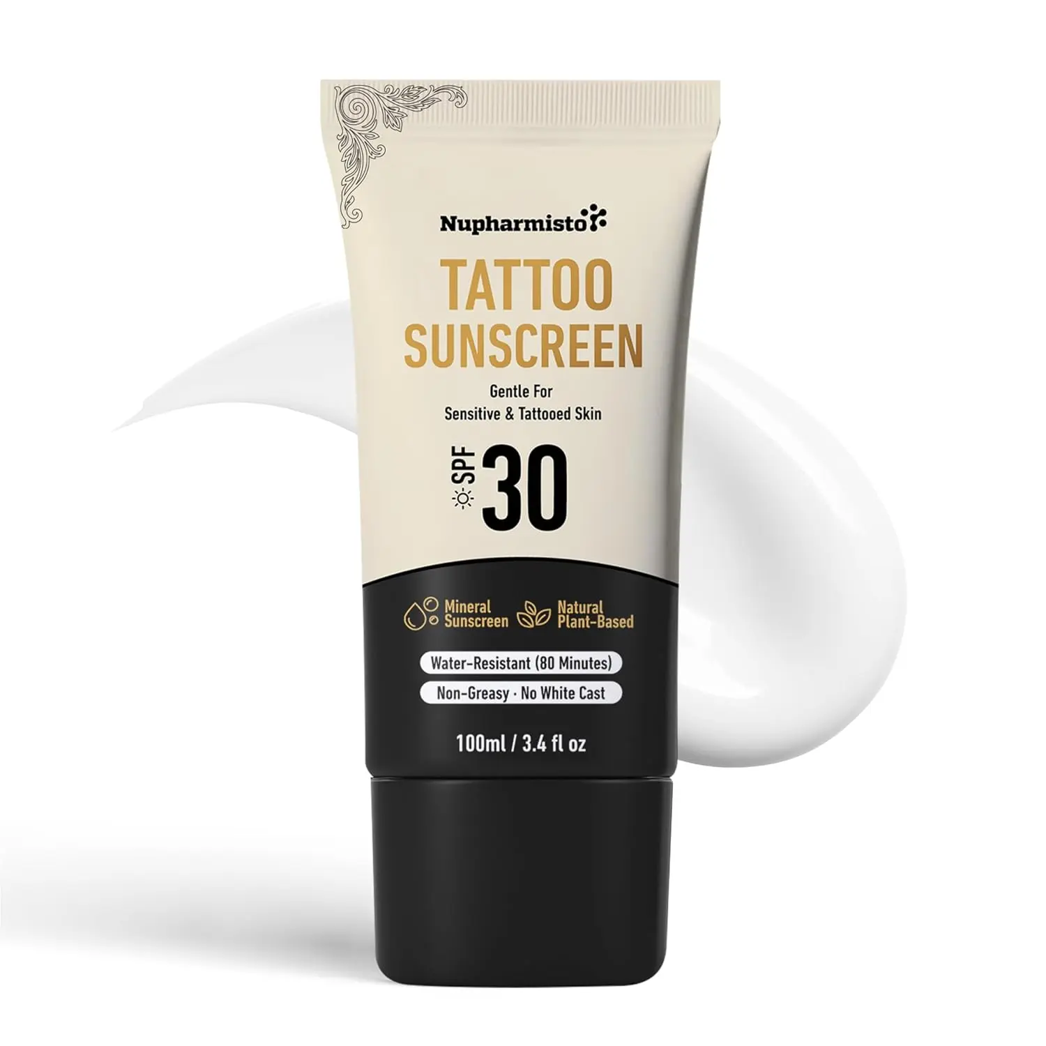 Nupharmisto Tattoo Sunscreen Lotion SPF 30 - Natural Mineral Body Care Zinc Oxide Sunscreen with Gentle Hyaluronic Moisture, UV Protection, Non-Greasy, No White Cast, 80-Min Waterproof, Reef Safe, For Sensitive Skin, Face & Body, 3.4 fl oz, All Skin Types