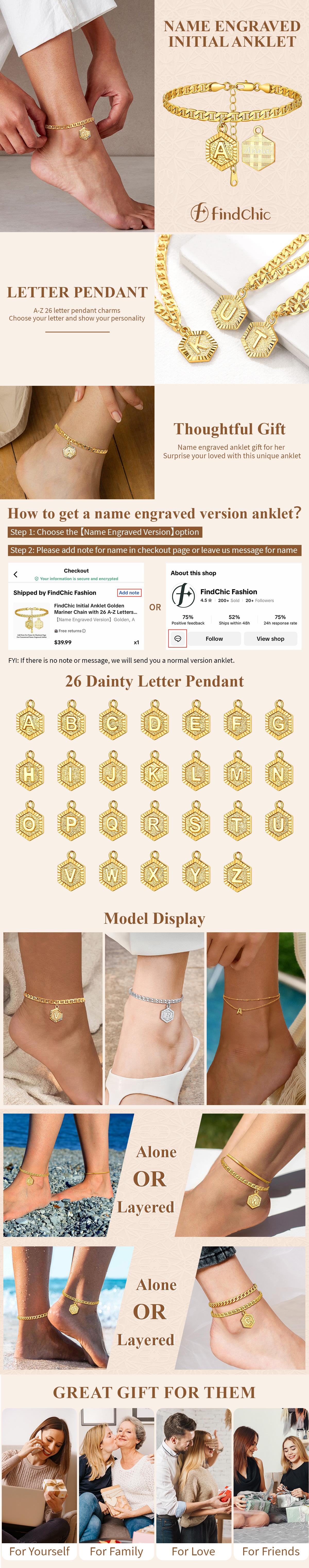 FindChic Initial Anklet Customized Name Engraved Anklet Golden Mariner Chain with 26 A-Z Letters Pendant Summer Beach Footwear Daily Casual No Tarnish Ankle Bracelet Graduation BFF Jewelry Gift for Women Girls Girlfriend