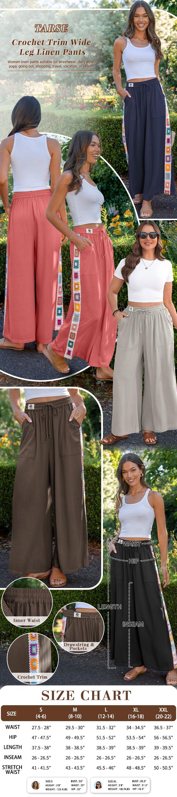 【SS26 Collection】TARSE Womens Wide Leg Linen Blend Pants Summer Travel Casual Drawstring Loose Boho Beach Lounge Palazzo Crochet Panel Pant with Pocket