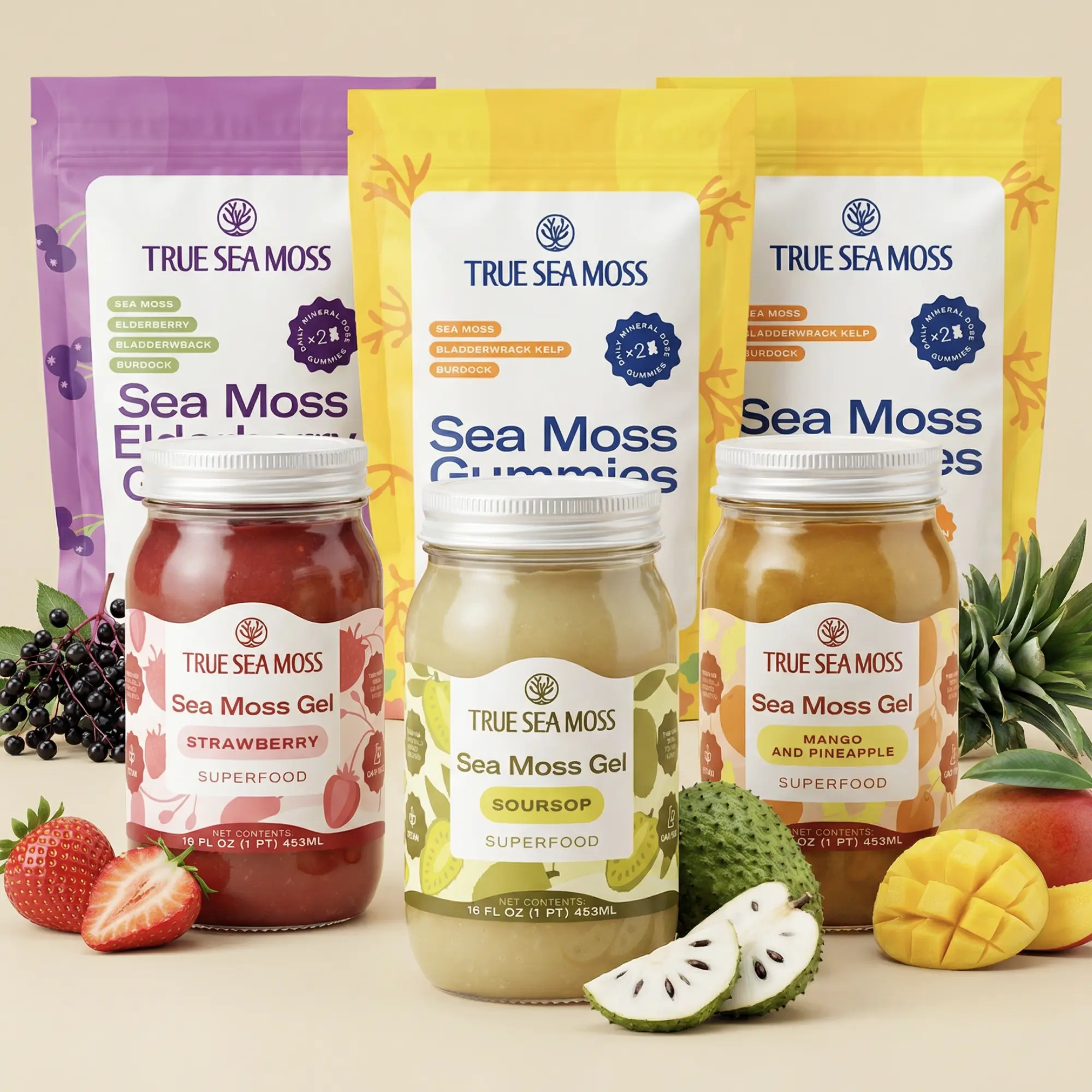 True Sea Moss Vitality Bundle – Gummies & Gels Variety Pack (Elderberry, Original, Soursop, Mango Pineapple, Strawberry) – Rich in Essential Minerals & Vitamins – supports overall vitality