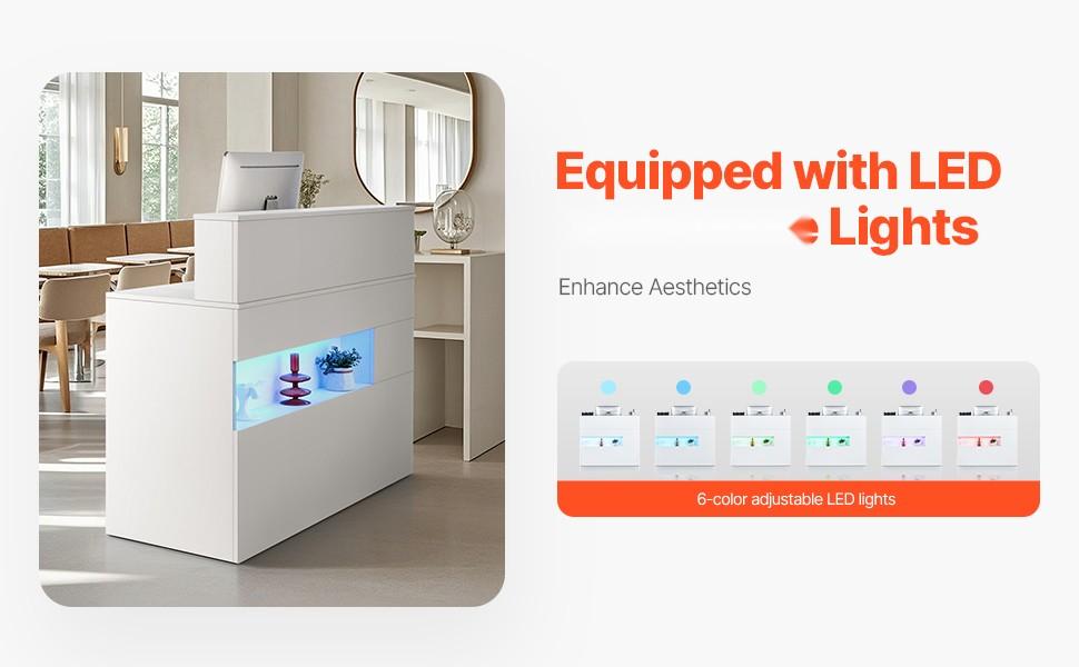 47-Inch Rectangular Reception Desk With LED Lighting, Front Counter Table, Office Welcome Desk With Two Drawers, Built-In Power Outlets And Cable Management, Ideal For Checkout, Lobby, Beauty Salon, Clinic Or Office, White