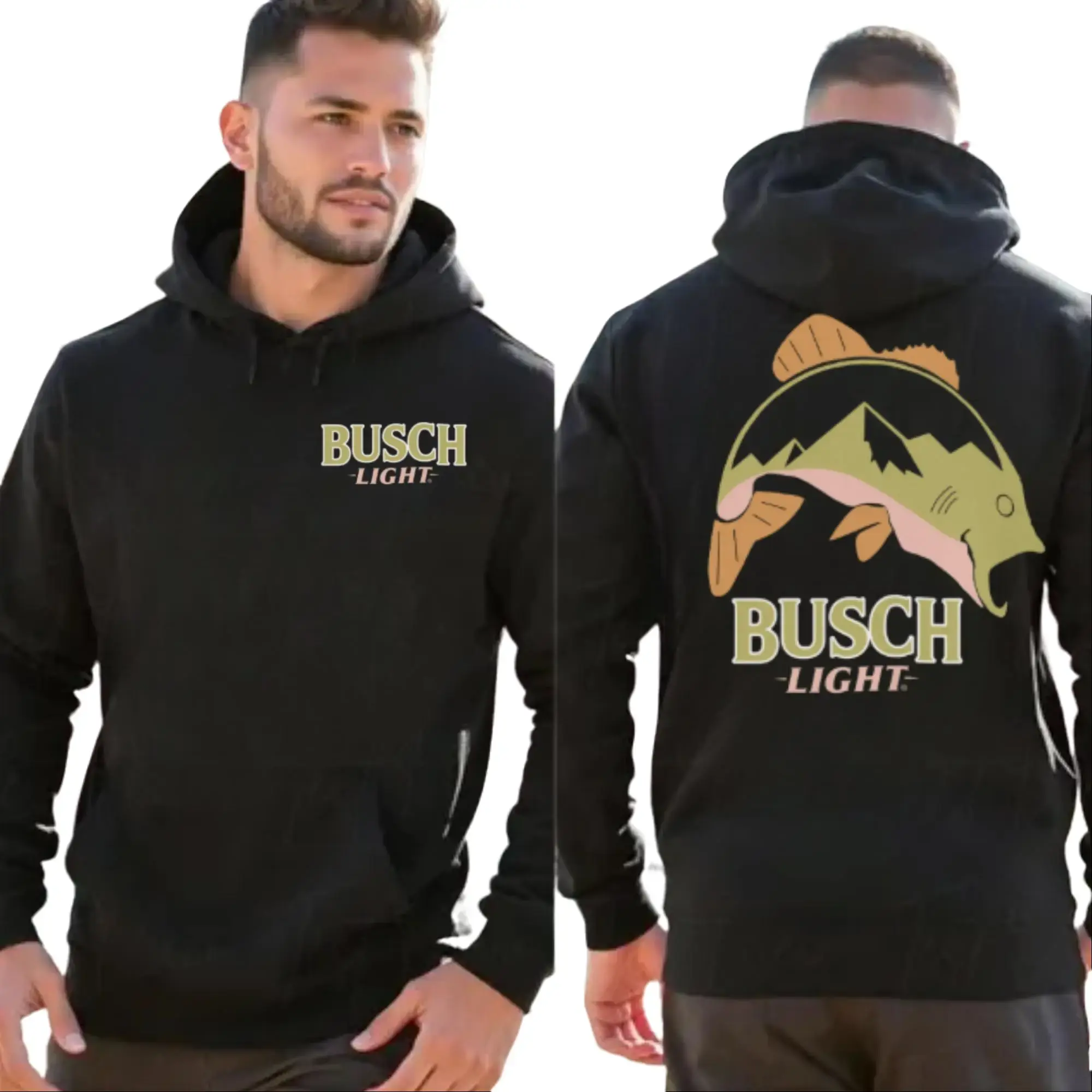 Bu$ch Light Fishing Hoodie – Double-Sided Unisex Top for Beer Lovers, Whitetail Buck Fans, Outdoor Lifestyle Shirt, Full Sizes