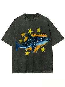 Washed cotton, Blue Whale's starry sky party print T-shirt, high-quality batik cotton vintage fashion brand T-shirt, unisex T-shirt, daily wear popular T-shirt, holiday gift, perfect gift