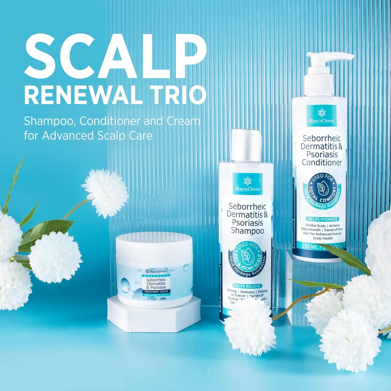 Roycederm 3-Piece Gentle Mild Herbal Haircare Scalp Treatment Set - Cleanser, Shampoo and Conditioner, Cream for Psoriasis, Seborrheic Dermatitis Relief, Dandruff & Itchy Scalp Soother, All Hair Types Moisturizer