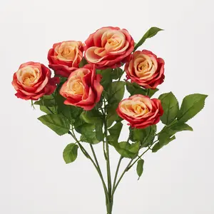 Two-Tone Coral Pink & Cream Rose Blooms Faux Floral Bouquet - 16"