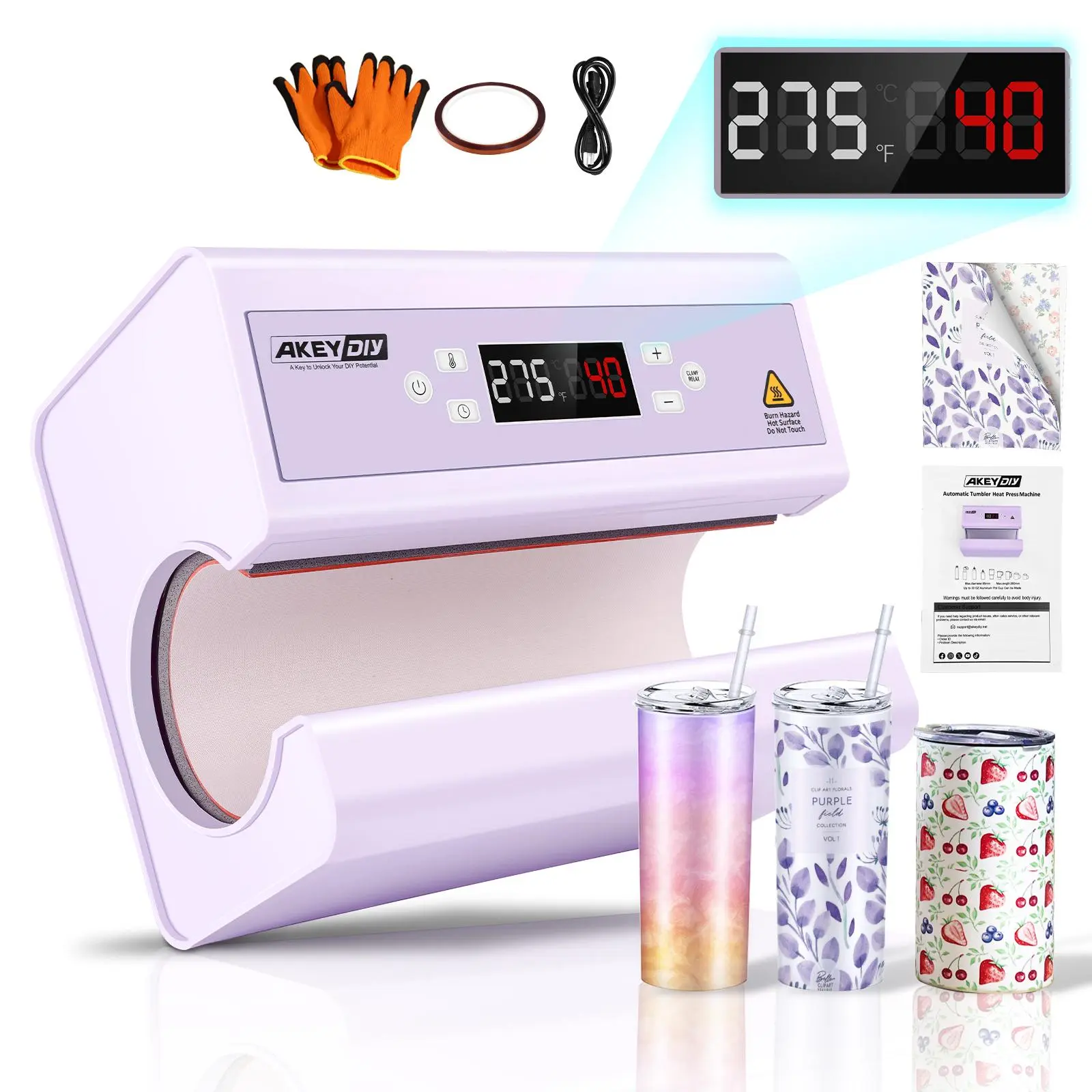 AKEYDIY Auto Tumbler Heat Press Machine DIY Kit - 11-30OZ High-Temp Cup Transfer, Automatic Rotation, Full Print, Temp & Time Setting, for Ceramic/Glass, W/Sublimation Papers, Heat Tape, Gloves, Christmas Gifts