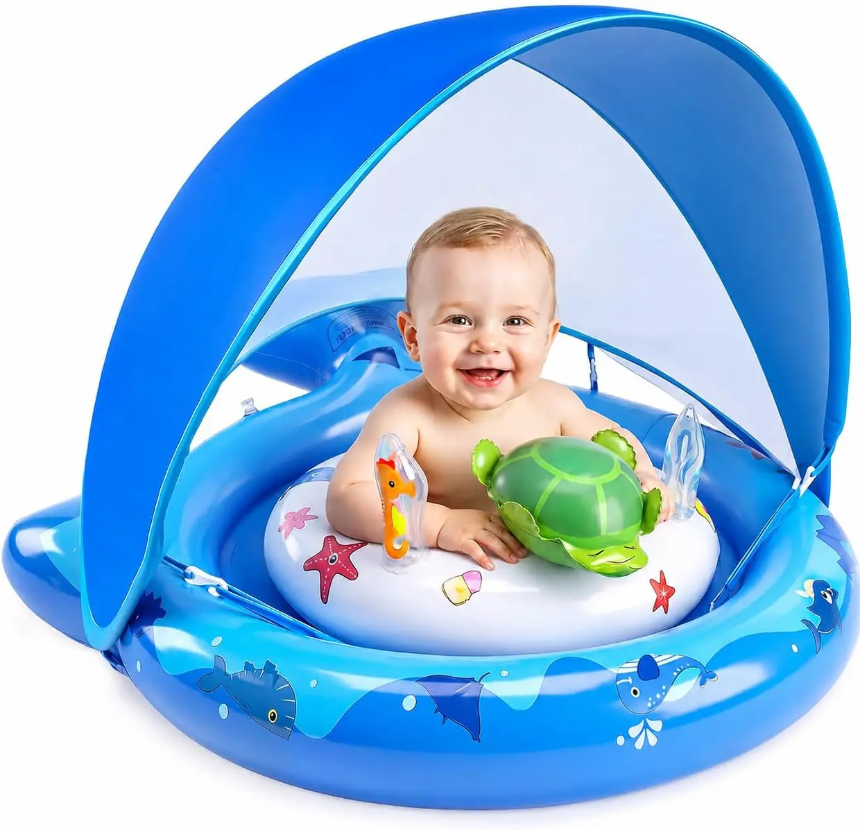 Inflatable Baby Pool Float with Sun Canopy, UPF50 Sun Protection, Portable & Easy to Store, Comfortable Support Seat, Includes Air Pump & Toys, for 6–36 Months Boys & Girls