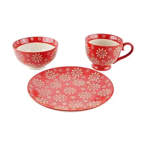 Japanese Ceramic Dinnerware Set - 3 Piece Red Floral Plate, Bowl & Mug Set - Authentic Asian Tableware