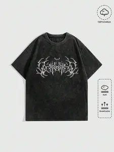 ROMWE MEN Goth Spring/Summer Casual Graphic Men'S Casual Cross & Wing Print Short Sleeve T-Shirt, Summer