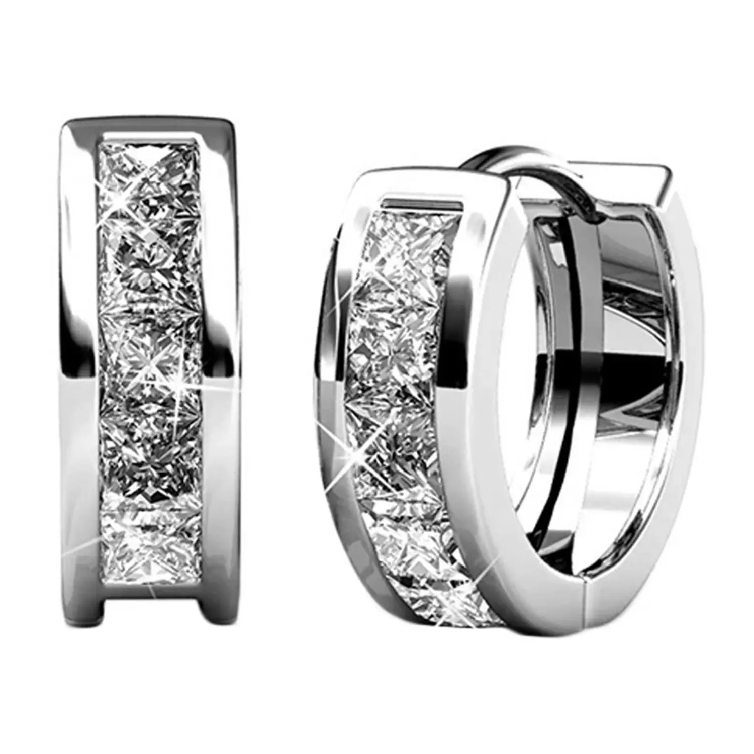 Cate & Chloe Giselle 18k White Gold Plated Huggie Hoop Earrings for Women with Simulated Diamond Crystals – Hypoallergenic, Secure Latch Back, Gift Box Included – Single Pair or 3-Pair Sets Offered in White Gold, Yellow Gold, or Rose Gold