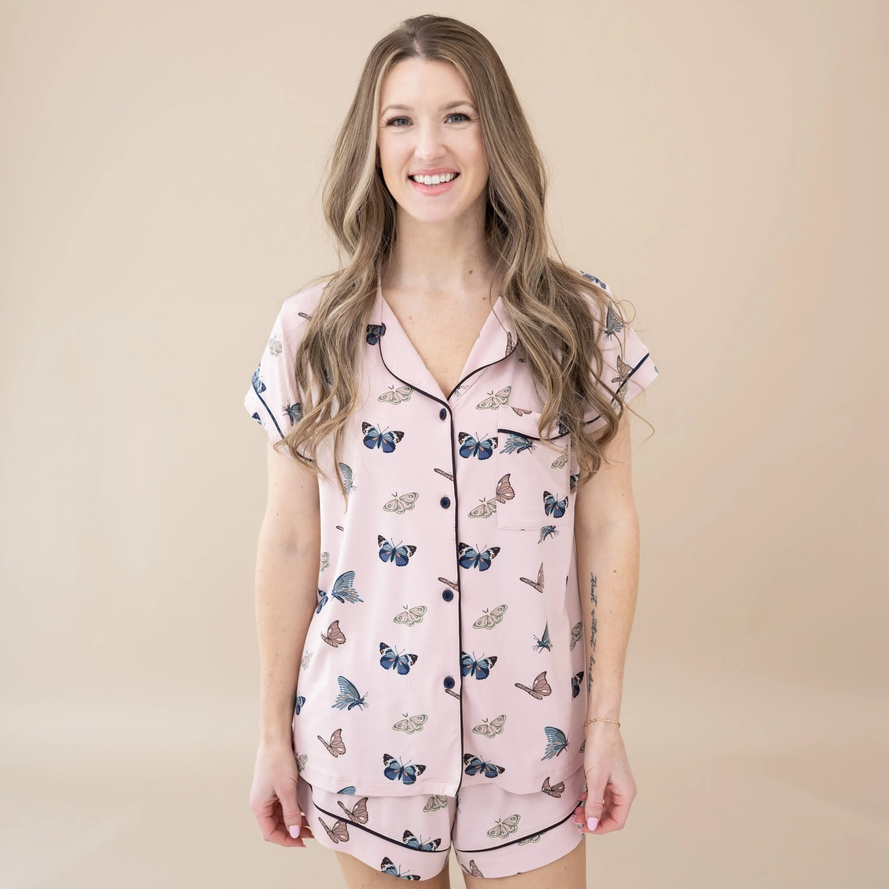 Women's Blush Butterfly Pajama Set - Silky Bamboo Rayon Short Sleeve Nightwear, Soft and Lightweight with Spandex, Shortsleeve, Loungewear, Breathable, Fabric