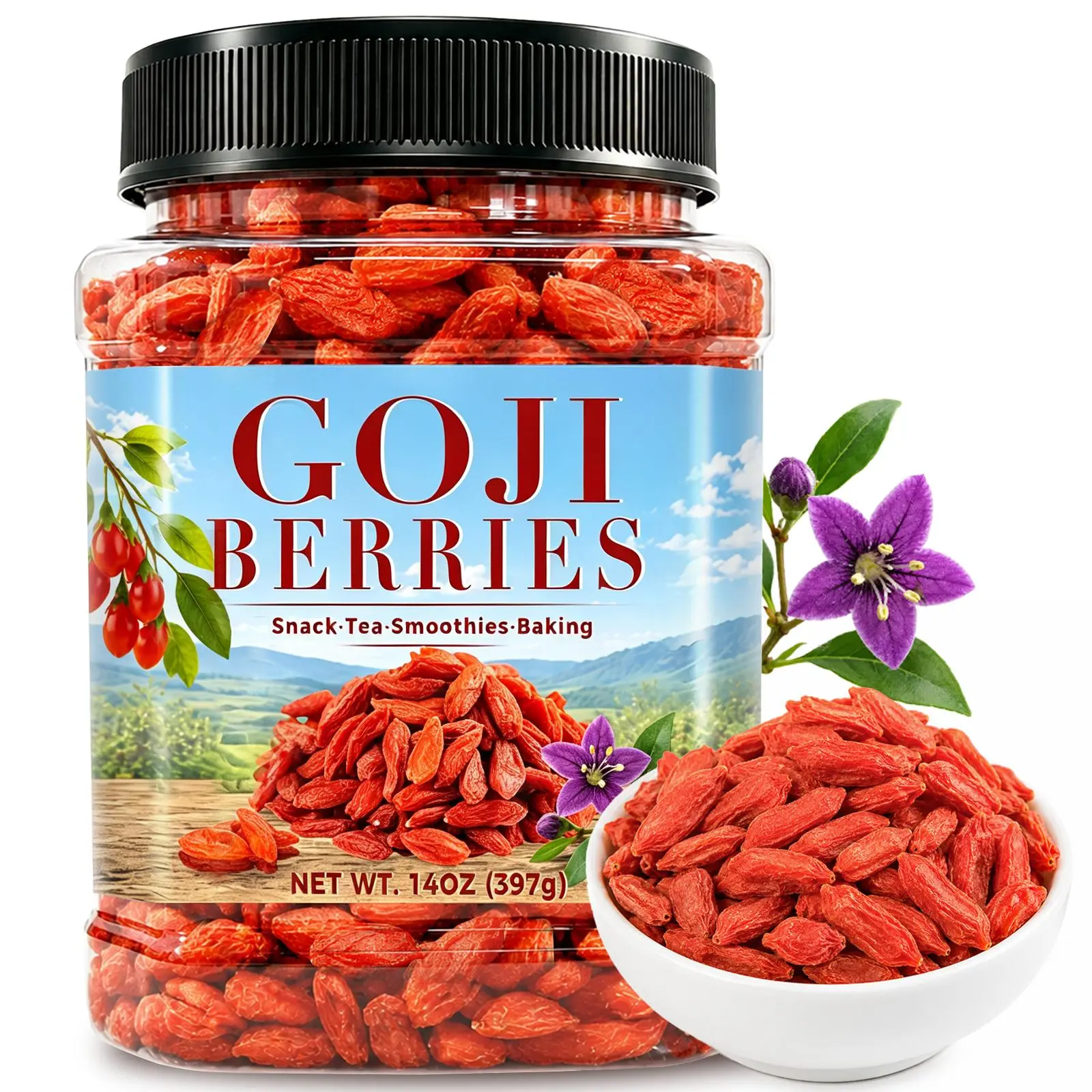 14oz Ambient Whole Goji Berries Jar - Large Sun-Dried Wolfberries, Chewy Dried Fruit for Tea, Yogurt (Room Temp Storage Compatible)