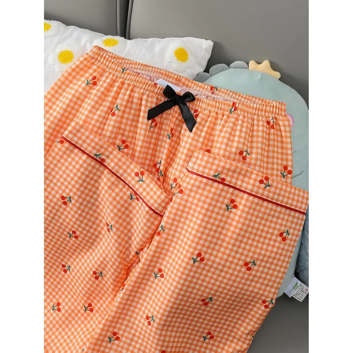Women's Orange-Yellow Plaid Pajama Set with Cherry Print - Long-Sleeve Cardigan & Elastic-Waist Stretch Pants for Cozy Autumn & Winter Nights