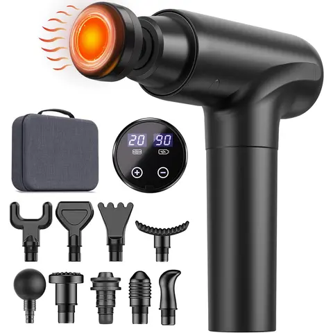 Cotsoco Silent Heated Massage Gun with LED Display, 20 Speeds, 9 Replaceable Massage Heads - Portable Electric Deep Tissue Device for Shoulder Pain Relief - Holiday Gifts for Friends, Family, Female Adults, Men's Christmas Gifts (Includes Batteries)