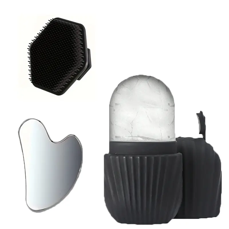 3-Piece Soothing Lightweight Facial Cleansing Tools Set, Stainless Steel Heart-Shaped Gua Sha Board, Ice Roller and Gentle Silicone Face Brush, Facial Cleanser for Skincare and Beauty, Beauty Equipment