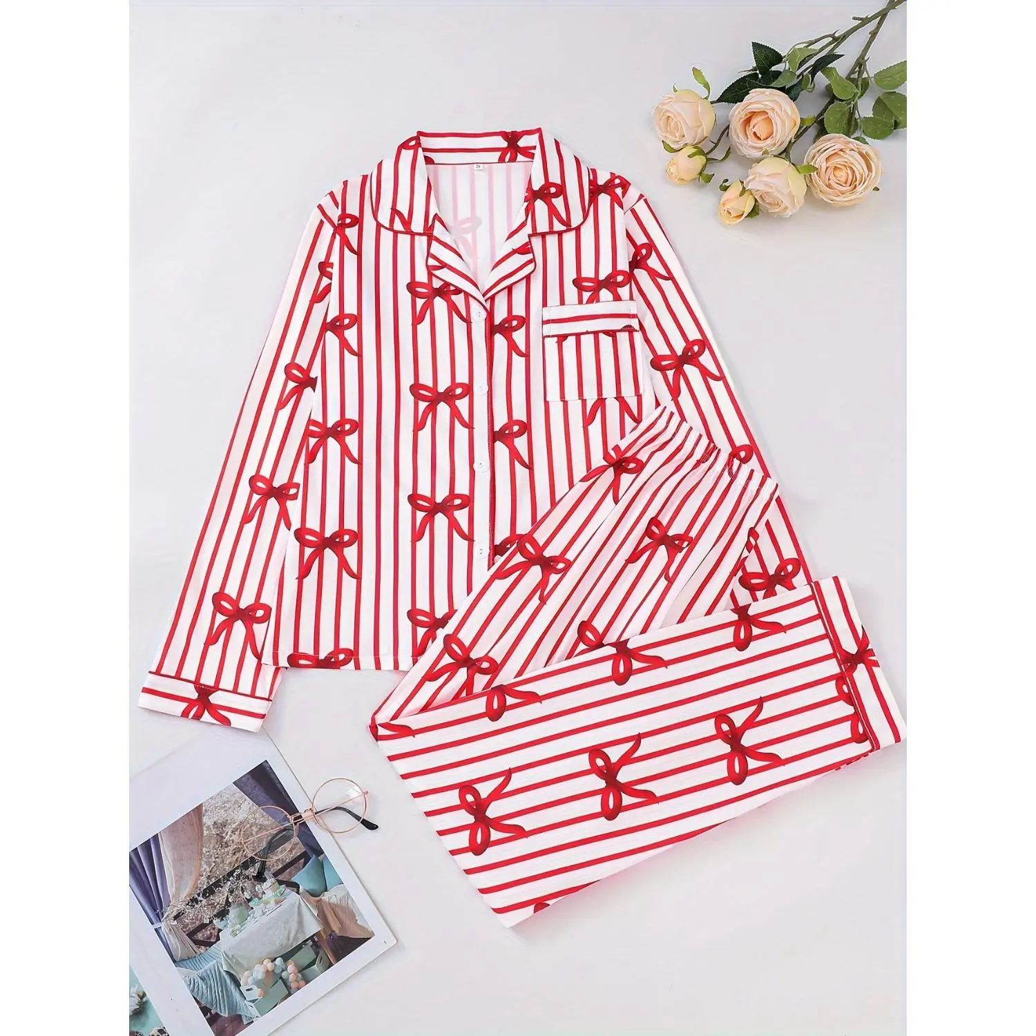 Casual Valentine's Day Bow Print Long Sleeve Women's Pajamas, Collar Button Long Sleeve Top and Loose Comfortable Pants, Elegant Women's Pajamas and Home Wear