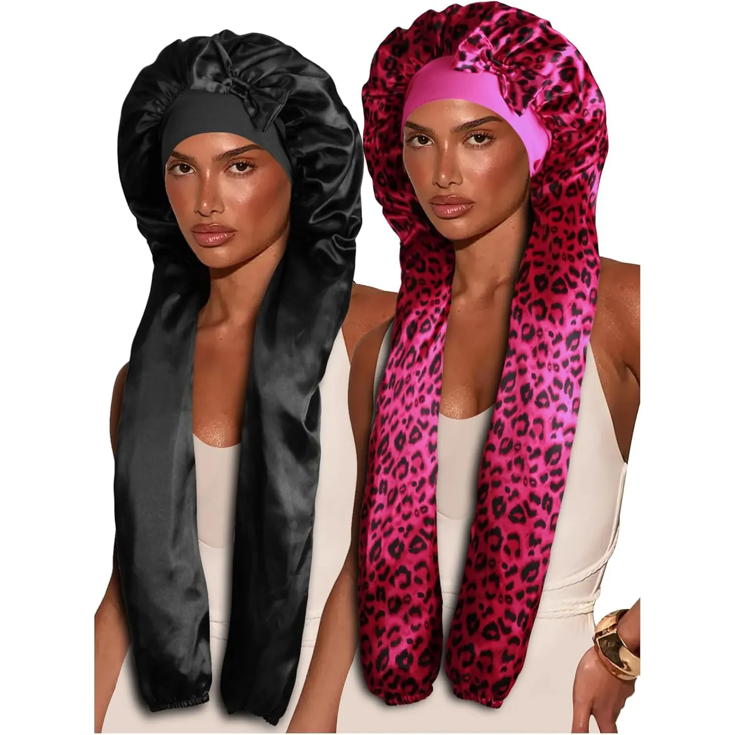 2 Pack Extra Long Satin Bonnet - Double Layer, Smooth, Lightweight, Adjustable Haircare Sleep Cap for Long Hair, Daily Use, Women's Fashion, Breathable Fabric, Everyday Wear