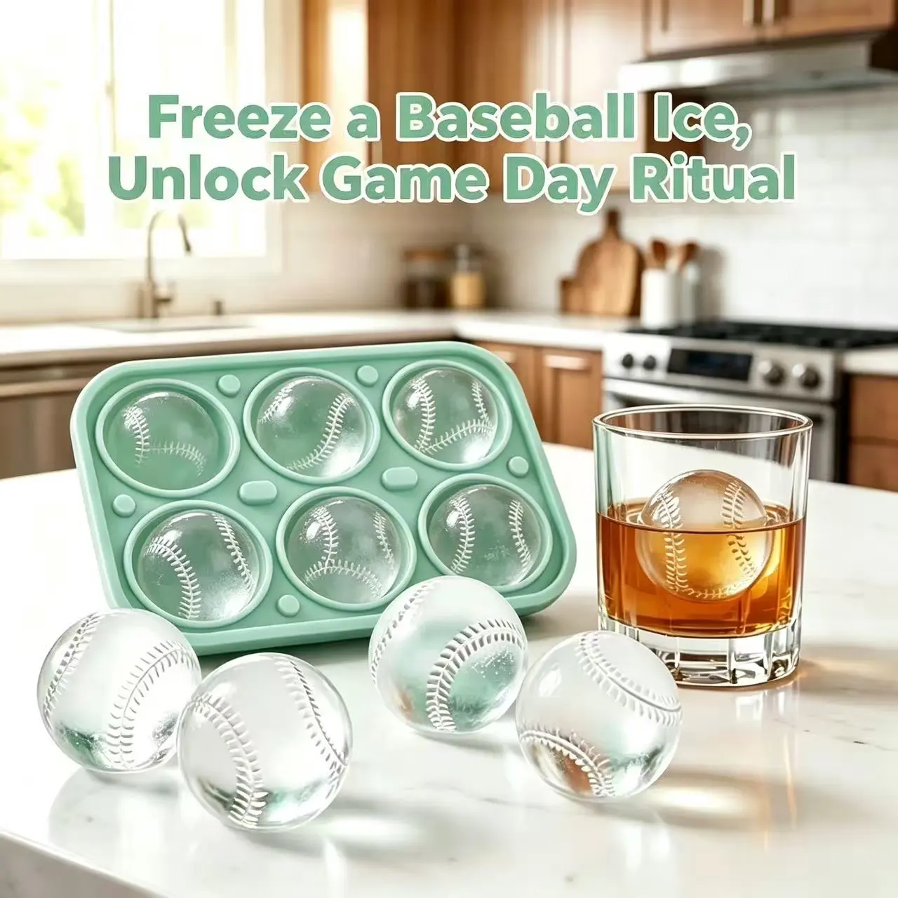 Baseball ice molds 6-cavity silicone ball ice cube molds for whiskey, cocktails, juices — large, reusable baseball-style ice; Grand Slam Ice, Home Run Chill. A unique sports gift for men, dads, and baseball fans; baller ice coffee; parties, gatherings, a