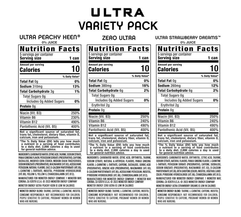Monster Energy Ultra Variety Pack, PKZSD, Sugar Free Energy Drink, 16 Ounce | Pack of 15