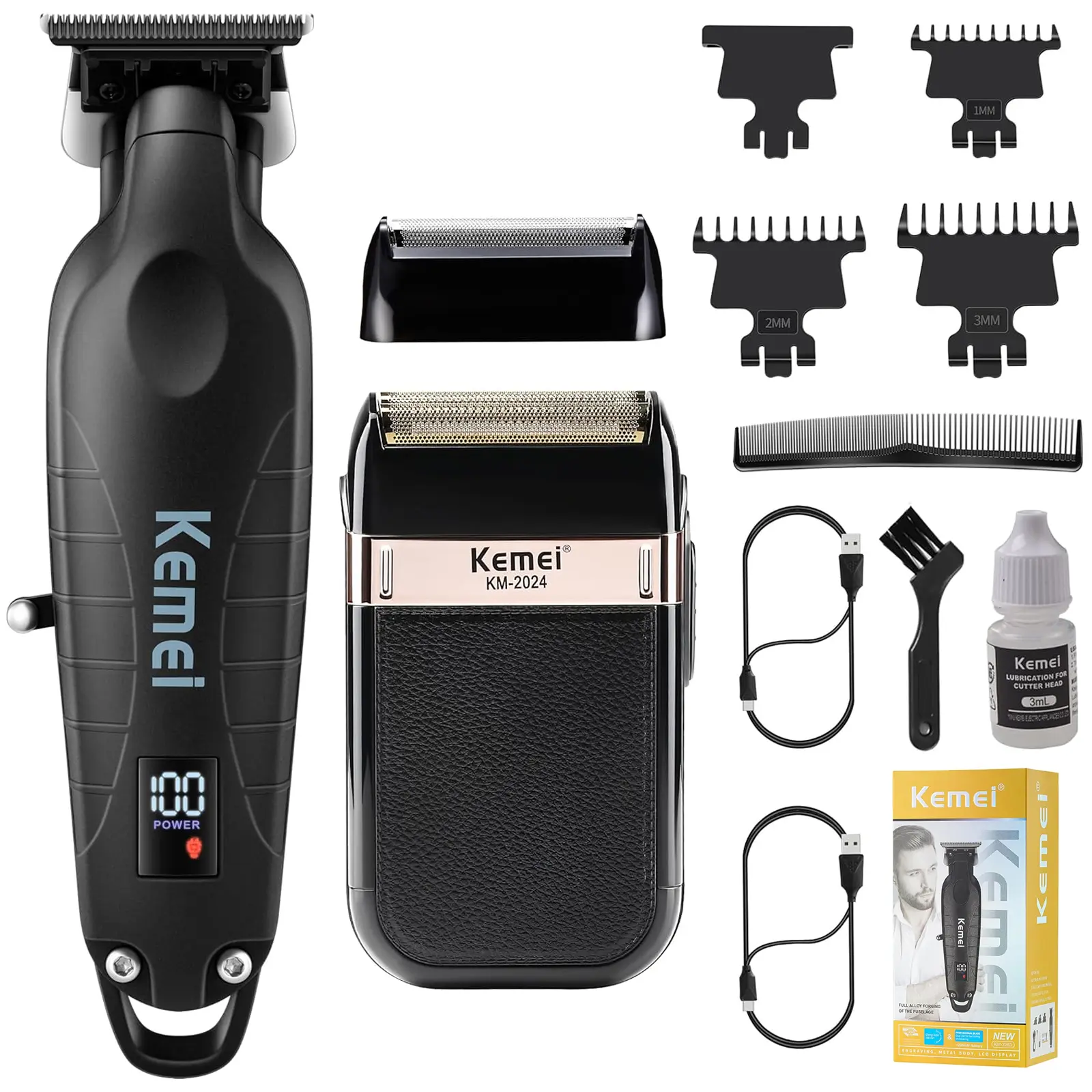 KEMEI Professional Men's 0-Gapped T-Blade Hair Clipper Set, High Quality Cordless Rechargeable Barber Tool with Digital Display, USB Cable, Oil Bottle, Face & Buzzcut Trimmers