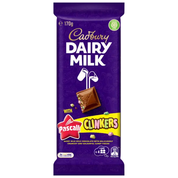 Cadbury Pascall Clinkers Crunchy Milk Chocolate Snack Single Bar, Australian Import - Ships with Cold Pack in Insulated Package Mon-Thurs to Prevent Melting, Candies