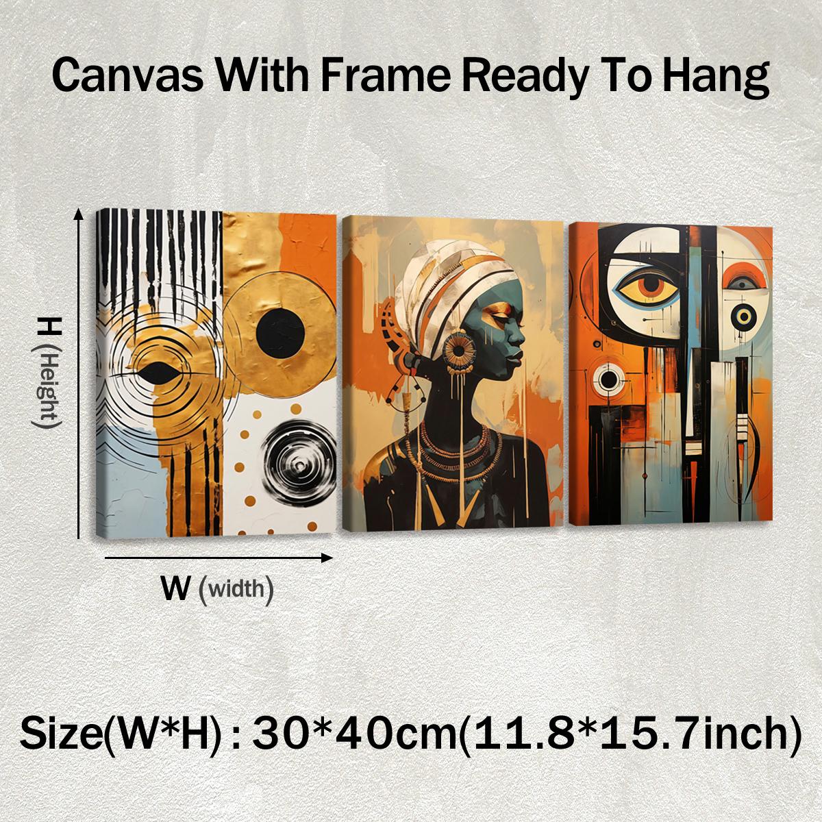 3Pcs Wooden Framed Canvas Painting, African Woman Abstract Geometric Shapes Gold Orange, Exquisite Poster, Home Decoration, Pattern Wall Art Decor, For Living Room, Bedroom, Office, Restaurant, Bar Wall Decor, Odorless, Painting, Print Artwork