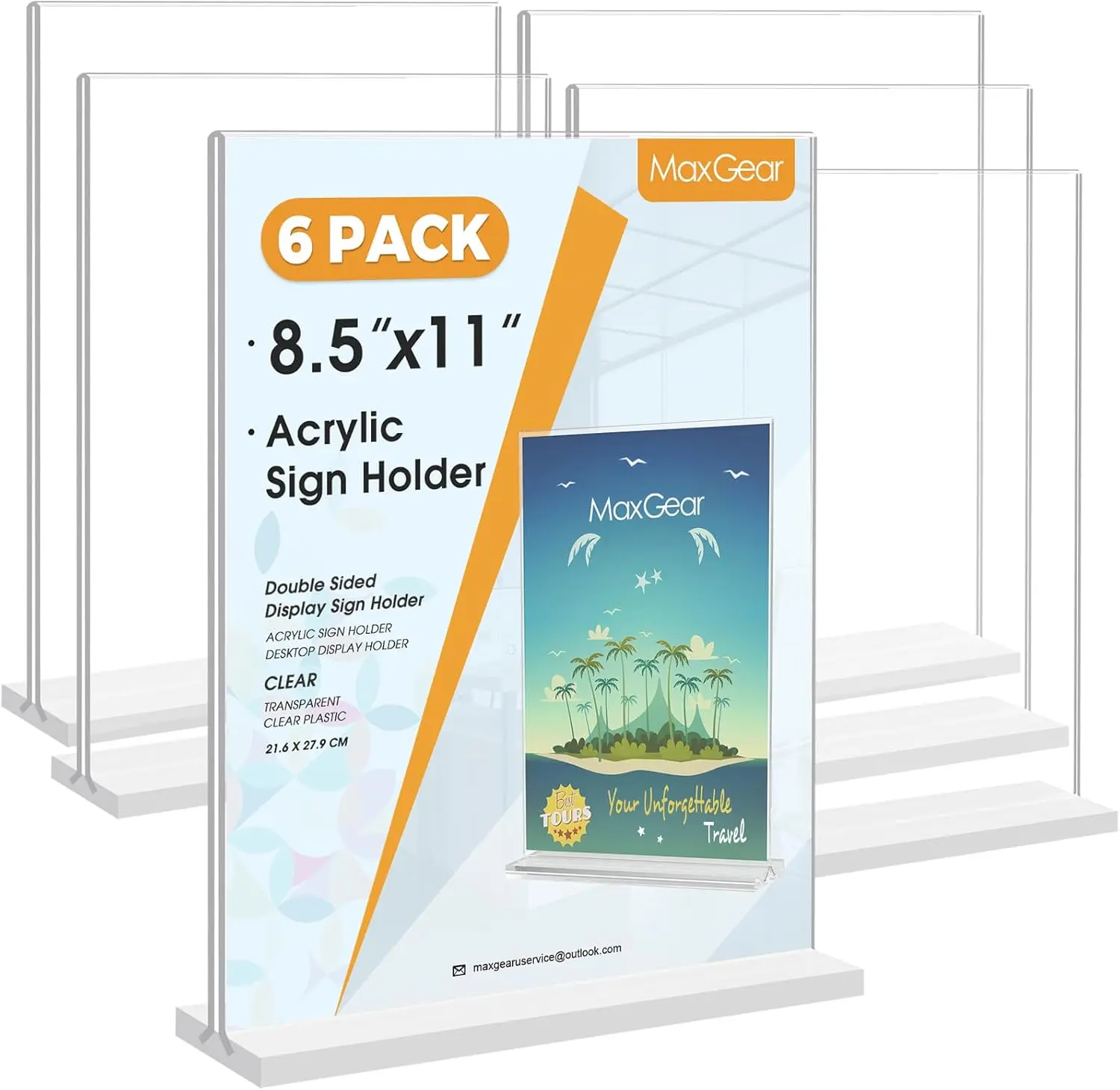 MaxGear Anti-Scratch T-Shaped Acrylic Sign Holder, 8.5x11 6-Pack Vertical Flyers/Ads Sign Holding Business Supplies for Office Desk Organization, Bottom-Loading, Convenient Carrying