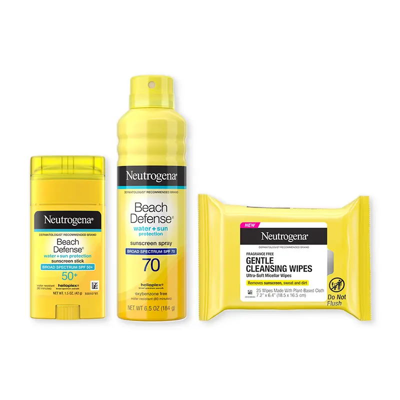 Neutrogena Beach Ready Collection featuring Water Resistant SPF Sheer Stick & Spray plus Gentle Cleansing Wipes for SPF Removal