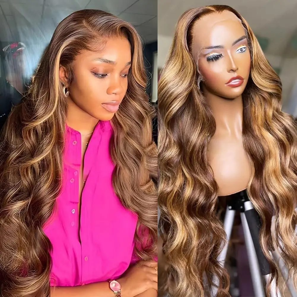 30 Inch Highlight Ombre Lace Front Wig Human Hair 13x4 Blonde Highlight Body Wave Lace Front Wigs Human Hair 4/27 Colored Deep Wave Wig 180% Density Honey Blonde With Frontal Wigs For Women