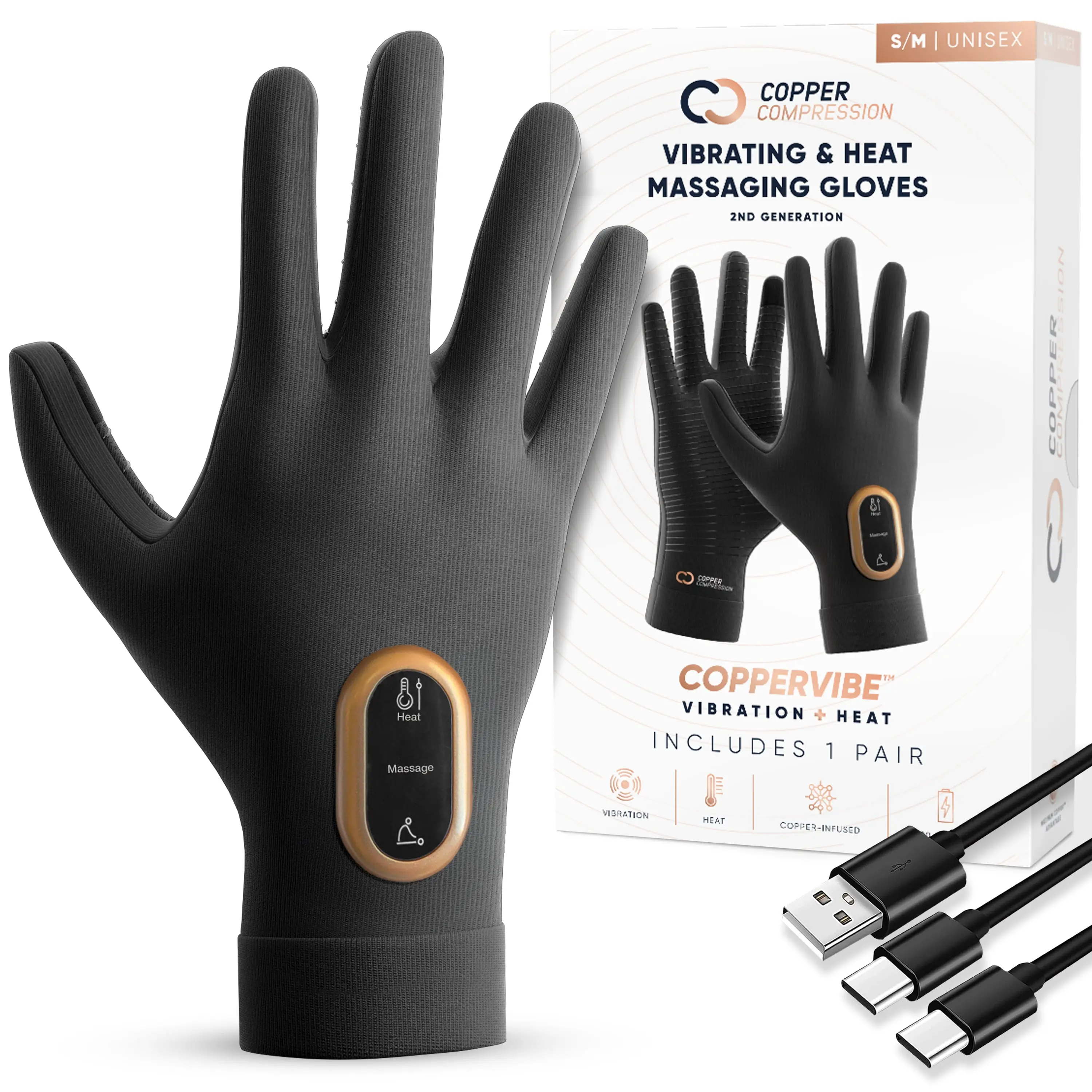 Copper Compression CopperVibe™ 2.0 Heated Vibrating Gloves for Hand Pain, Heat Relief, Camping & Hiking Keep Warm Hand Warmers