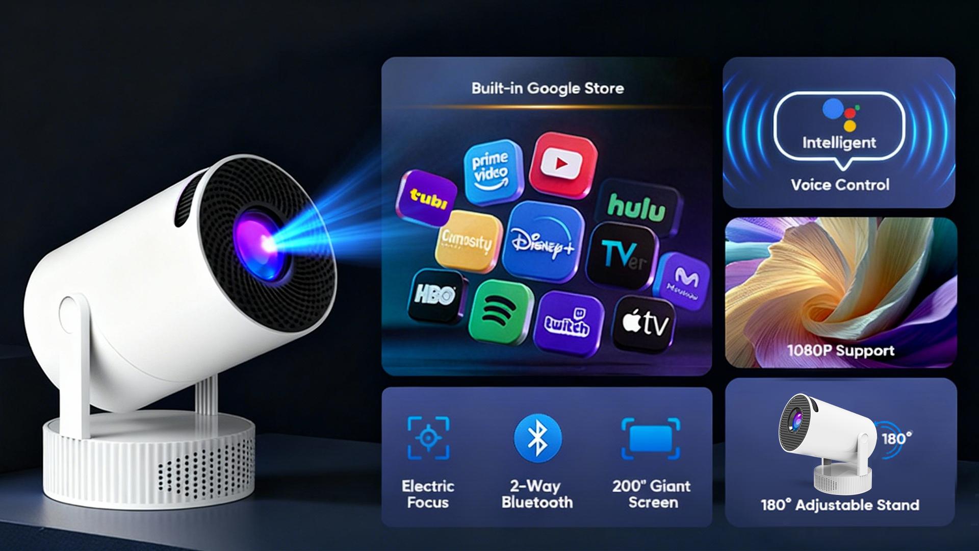 Mini Projector with Built-in Rechargeable Battery for Outdoor, Portable Projector with WiFi and Bluetooth, 4K Christmas Projector, Smart Projector Compatible with iphone/TV Stick/HDMI/USB/Laptop