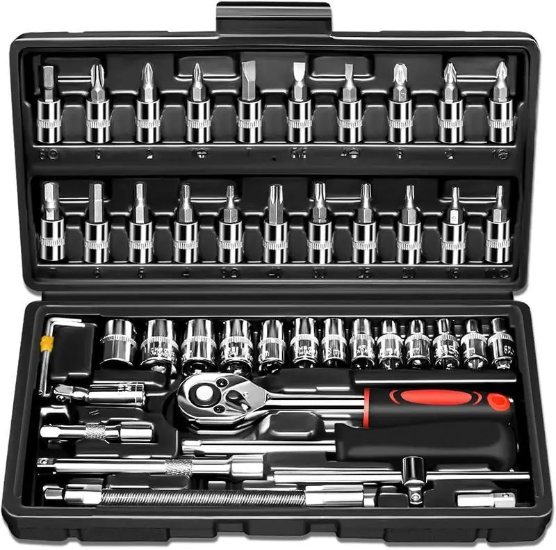 Socket Wrench Set, 46-in-1 Automobile Repair manual toolboxes, 1/4-inch drive includes screwdriver heads, hex wrenches, and tool storage boxes, for household and mechanical maintenance, durable, battery-free