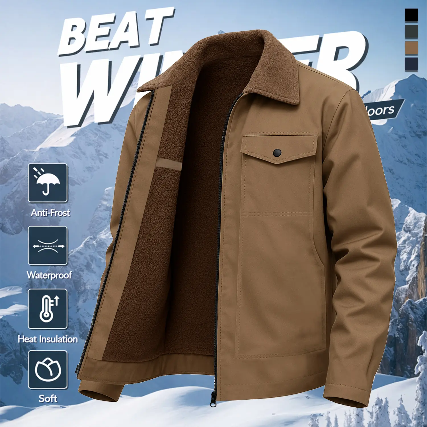 Classic men’s fleece work jacket with a turn-down collar and insulated lining—warm, stylish, multi-functional outerwear with anti-frost features, suitable for daily commuting, outings, horseback riding, street exploration and photography; fashionable wint
