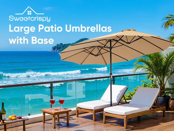 15FT Large Patio Umbrella with Base Included, Outdoor Double-Sided Rectangle Market Umbrellas with Stand and Crank, Table Umbrella with 12 Sturdy Ribs