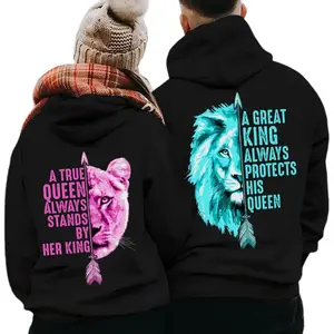 [Graphic Hoodie]  Her King and His Queen, Lion Symbolism Graphic Couple Matching Hoodies Casual Pullover Hooded for Women for Men