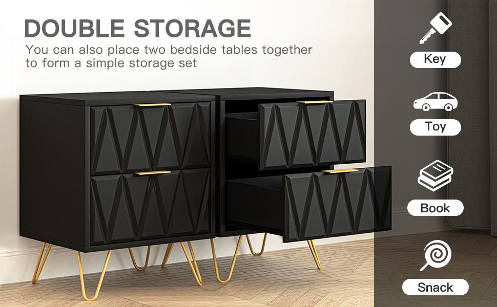 Spaco Modern Black Nightstand Set of 2,Double End Side Table with 2 Drawers,Stylish Bedside Table for Bedroom and Living Room,Dual Night Stand with Metal Legs