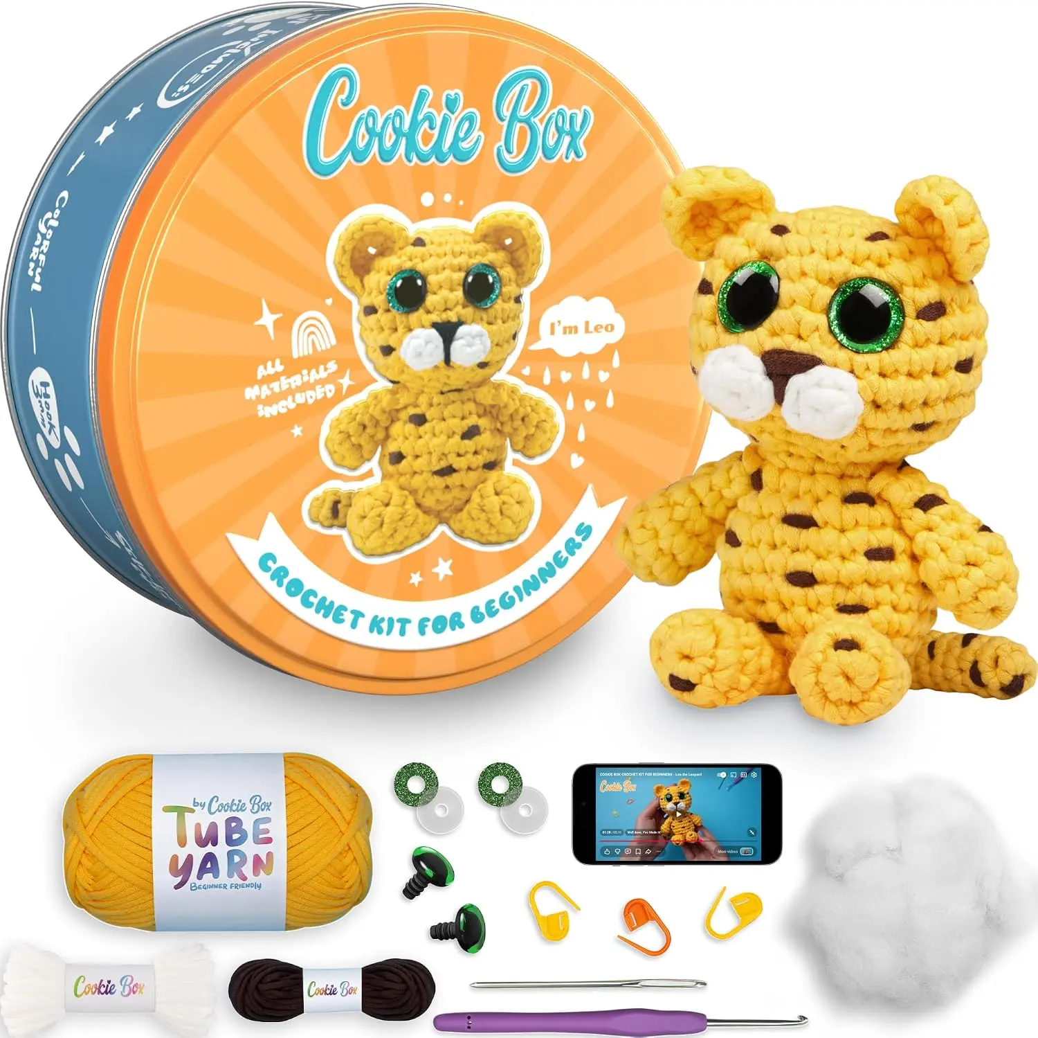 Cookie Box Crochet Kit for Beginners, Leopard Leo | All Materials Included, Step-by-Step Video Tutorials, PDF Patterns, Easy DIY Craft, Amigurumi and Knitting Gift Set