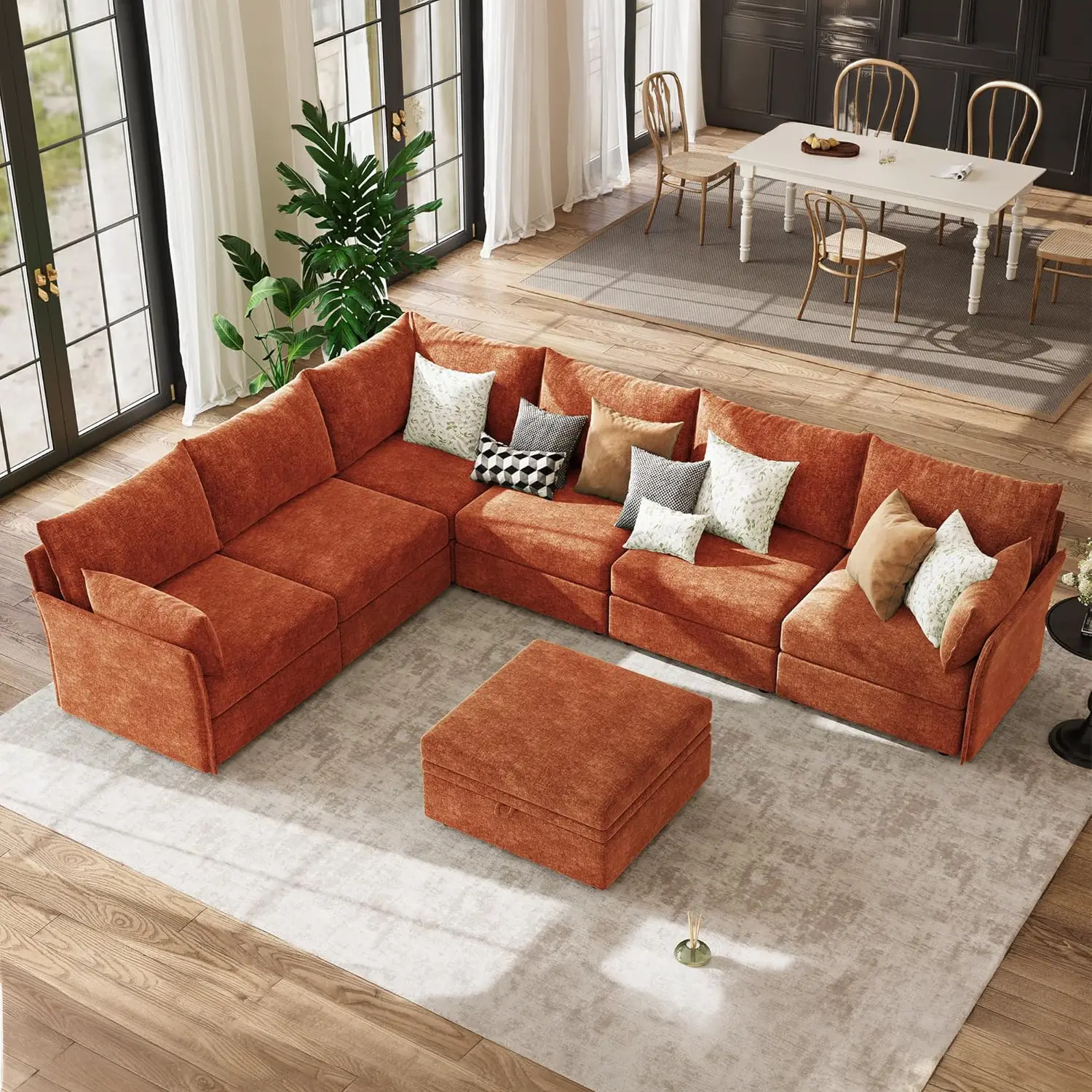 ABCASA 135.5" Oversized Modular U-Shaped Sectional Couch - 7-Seat Chenille Sofa with Fixed Arms, Convertible Design, Movable Ottoman, Assembly Required Indoor Living Room Furniture, Modular Sectional Couch
