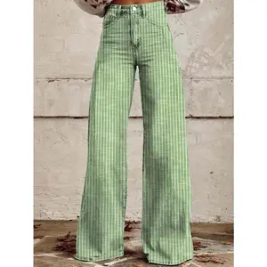 Women’s High Rise Jeans Retro Classic Striped Print Wide Leg Denim Pants Boyfriend Jeans with Pockets