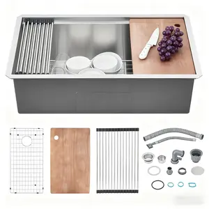 Garvee 32-Inch Undermount Kitchen Sink, Stainless Steel Single Bowl Kitchen Sink, Workstation Drop In Kitchen Sin-k Basin with Grid and Drain Strainer Set, (19 * 32 * 10Inch)