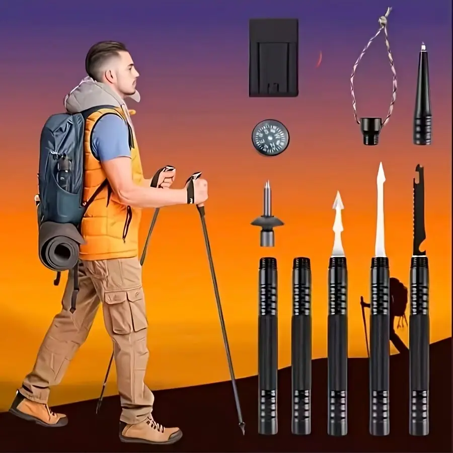 Adjustable Toughness Mountaineering Hiking Pole, Lightweight Outdoor Gear with Space-Saving Design & Strap for Camping Activities, Portable, Tungsten Steel