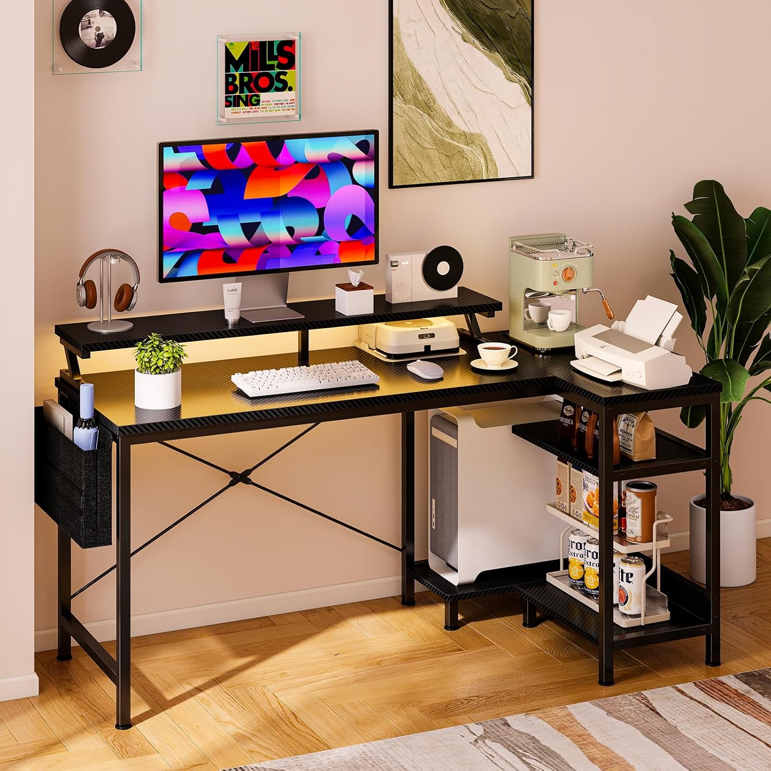 48" Reversible L-Shaped Gaming Desk with LED Lights, USB/Type-C Charging & Power Outlets, Computer Corner Desk with Storage Shelves & Monitor Stand for Gaming Room & Home Office
