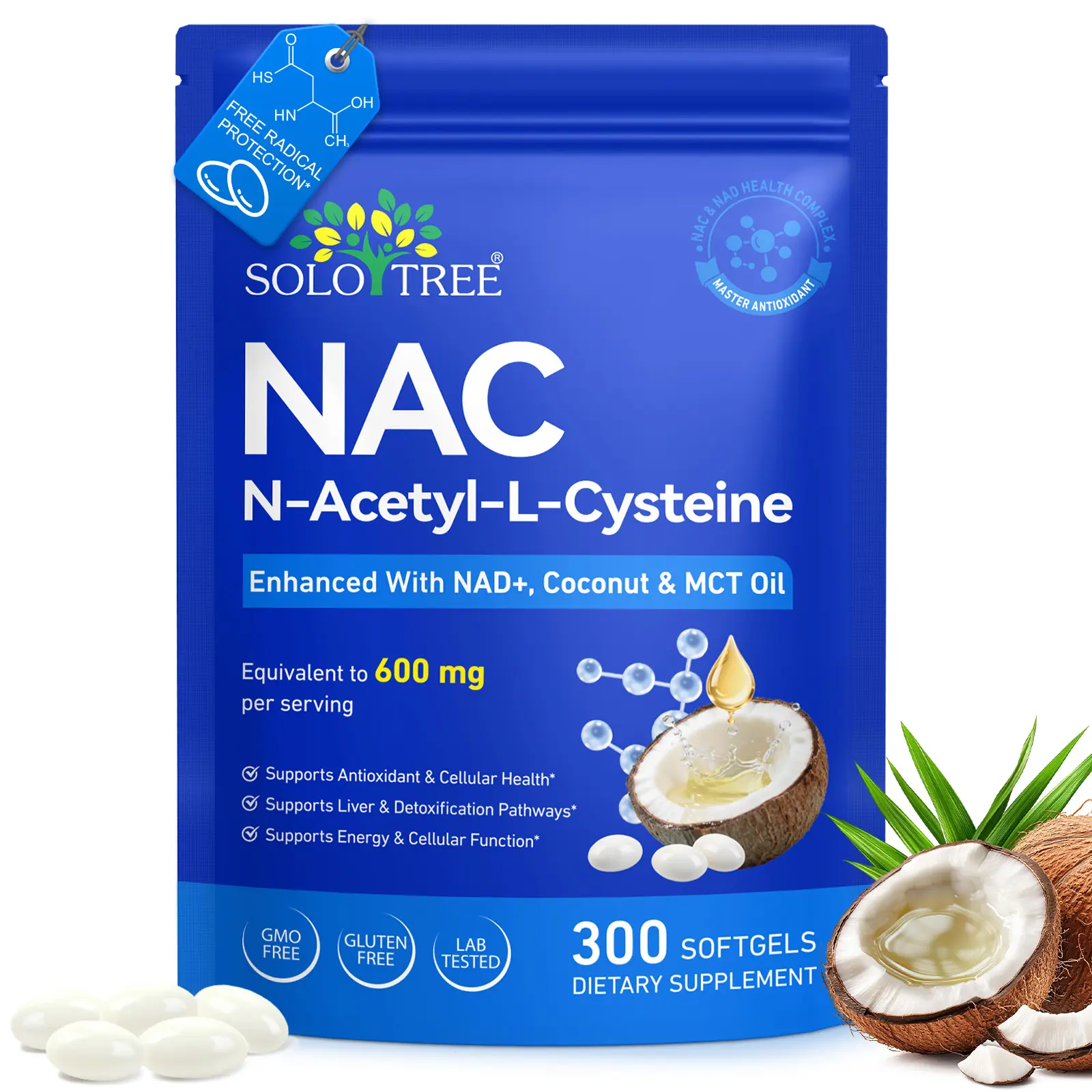 NAC 600mg with NAD+ Daily Complex, N-Acetyl Cysteine Supplement Capsules, Antioxidant Support Formula, Vegan, Non-GMO, Gluten Free, 300 Softgels