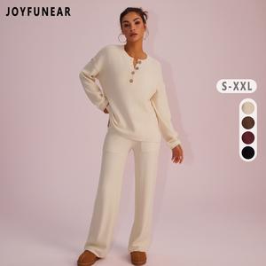Joyfunear Women's Waffle Knit Loungewear Set Cozy Button Front Top & Wide Leg Pants Soft Fabric for Relaxation at Home Chic Elegance Homewear Pjs