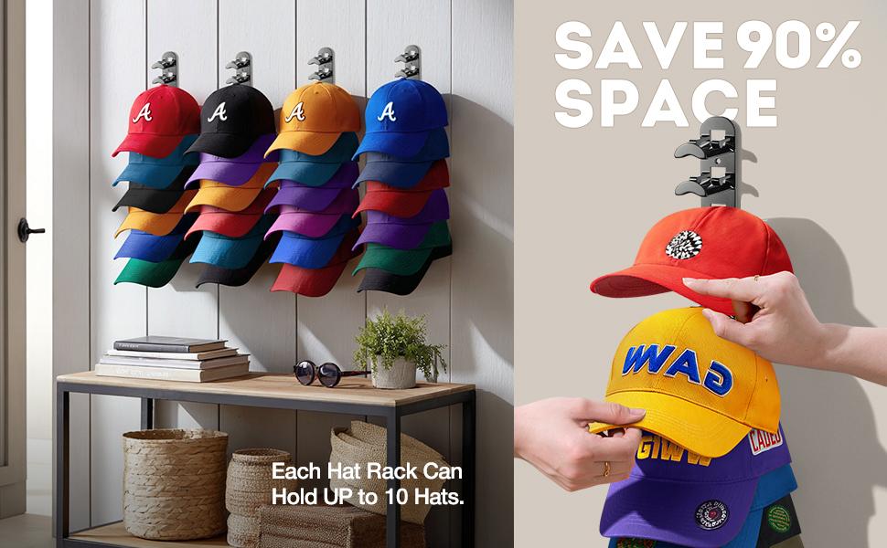2 Pack Hat Organizer Wall Mounted Baseball Cap Hold up to 20 Hats Black or White Hat Rack for Wall with Strong Adhesive and Wall Drilled for Door Bedroom Closet Easy Access Display Hat Hanger Holder Multilayer Two Mounting Option Hat hook on wall