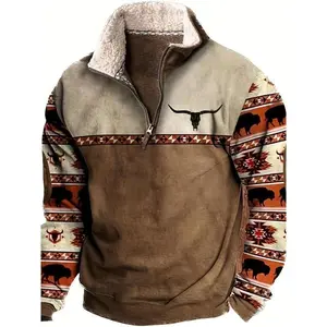 Men's Vintage Print 1/4 Zip Cowboy Sweatshirt - Western Aztec Fleece Long Sleeve Pullover, Casual Style for Fall & Winter