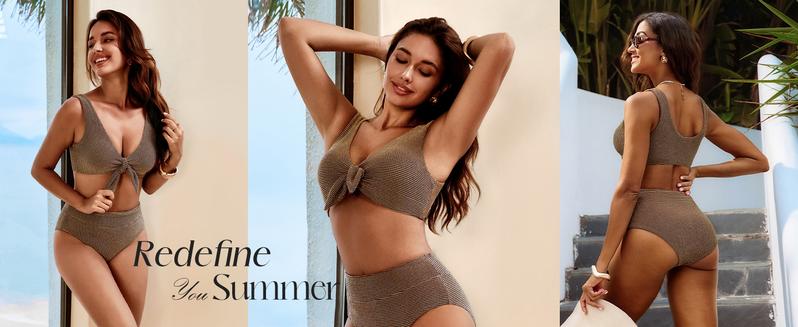 【S-2XL】Hanna Nikole Women's High Waisted Bikini Sets Two Piece Swimsuit with Tummy Control Textured Bathing Suits Tie Knot Swimwear for Beach Vacation